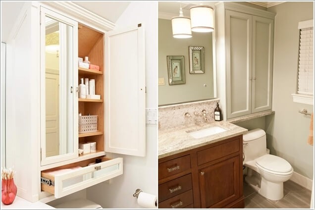 Đóng thêm tủ đựng đồ ở những vị trí sát tường, sát bồn cầu… Không gian phòng tắm rộng rãi và ngăn nắp hơn nhờ cách bố trí đồ đơn giản này.