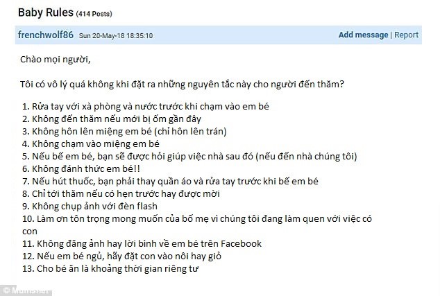 Những quy định bà mẹ đưa ra cho khách đến thăm (Zing lược dịch). Ảnh: Daily Mail.