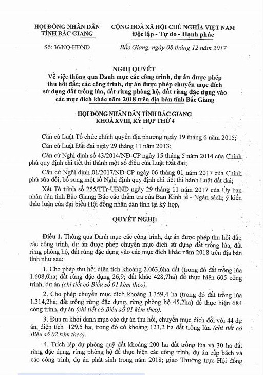 
Nghị quyết số 36/NQ-HĐND ngày 8/12/2017 của HĐND tỉnh Bắc Giang
