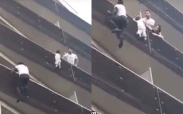 Nam thanh niên dũng cảm trèo 4 tầng giải cứu bé trai. Ảnh cắt từ clip.