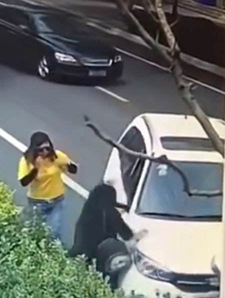 Người phụ nữ mặc áo đen bị xe tông khi đang đi bộ. Ảnh cắt từ video.