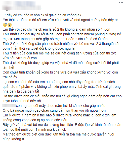 
Sau khi ôm con về ngoại vì không thể chịu nổi những quy tắc vô lý của mẹ chồng, cô vợ trẻ đăng đàn chia sẻ tâm sự.
