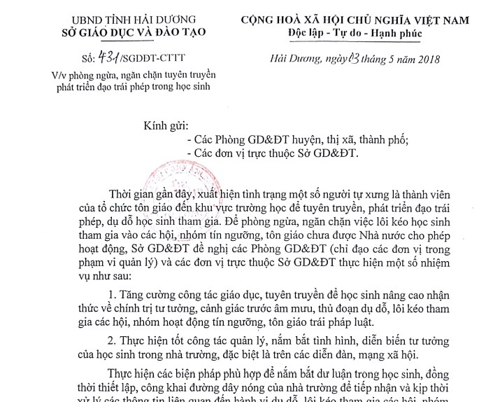 Công văn của Sở Giáo dục & Đào tạo tỉnh Hải Dương cảnh báo đạo lạ. Ảnh: Đ.Tùy