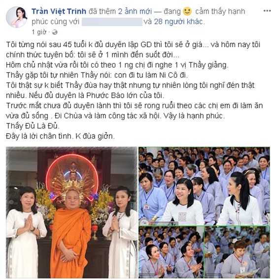 Việt Trinh chính thức tuyên bố: 'Tôi sẽ ở một mình đến suốt đời'