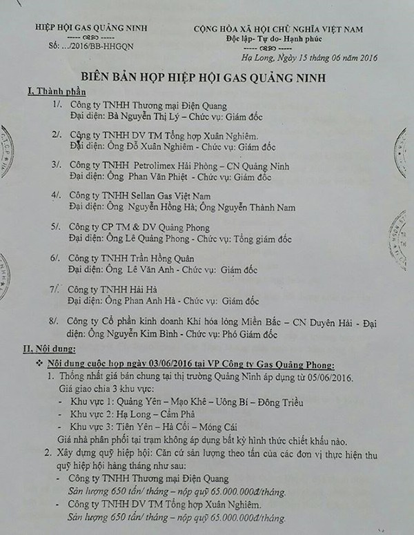 
Một văn bản của Hiệp hội gas chui Quảng Ninh, hoạt động bất hợp pháp. (ảnh: HC)
