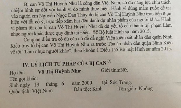 
Công an quận Ninh Kiều đề nghị VKS cùng cấp truy tố Như tội làm nhục người khác. Ảnh: Dân Trí.
