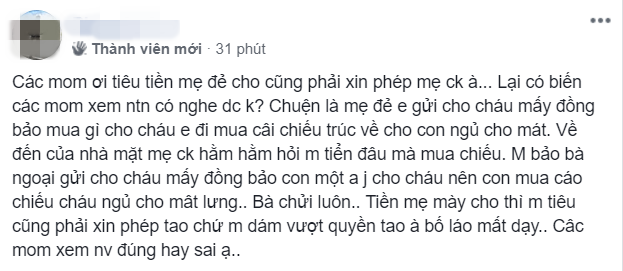 Con dâu đăng đàn hỏi hội chị em chuyện mua chiếu bị ăn mắng. Ảnh chụp màn hình