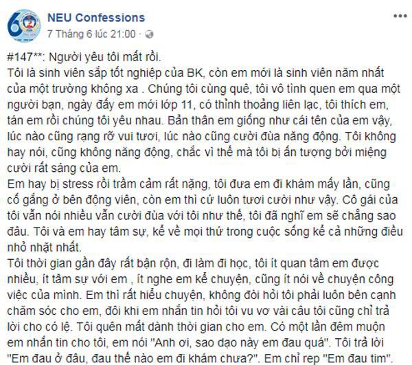 
Chia sẻ của chàng trai mất người yêu vì bị trầm cảm gây xôn xao cộng đồng mạng.
