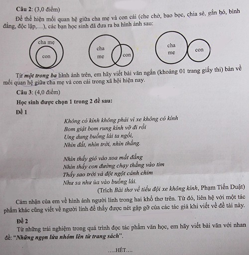 Câu 2 và câu 3 trong đề Văn năm nay. Ảnh: Mạnh Tùng.