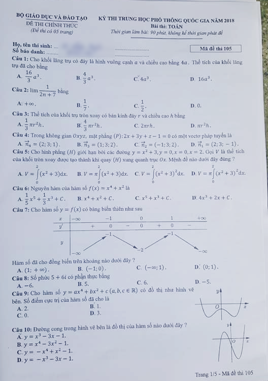 Đề thi chính thức môn Toán, mã đề 105.