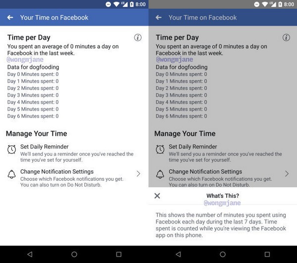 
Tính năng “Your time on Facebook” cho phép người dùng giám sát được thời gian mình đã sử dụng Facebook trên smartphone mỗi ngày
