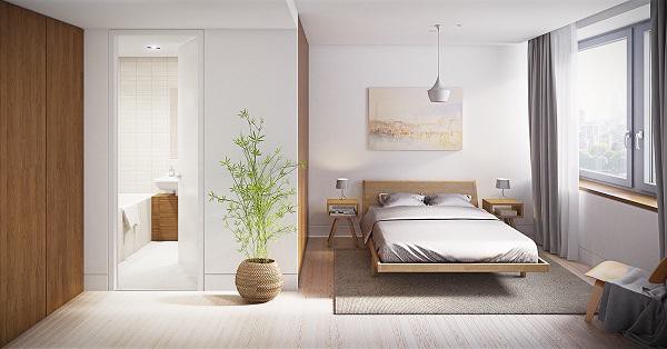 Nội thất phòng ngủ được thiết kế đồng điệu như tủ kệ với giường, ghế cũng là một kiểu của phong cách tối giản.