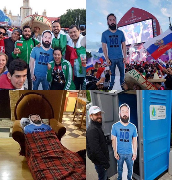 Hình ảnh người đàn ông bị vợ bắt ở nhà được bạn bè in ra thành bìa các tông mang sang Nga xem World Cup.
