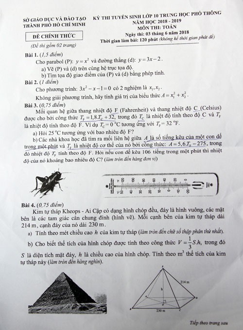 Trích đề thi Toán thi vào lớp 10 tại TP HCM năm nay. Ảnh: Mạnh Tùng.