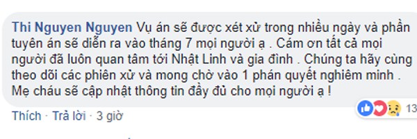 
Mẹ bé Nhật Linh thông tin cho những ai quan tâm đến vụ án.
