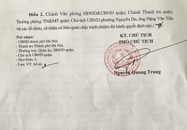 
Quyết định số 1173/QĐ-UBND do ông Nguyễn Quang Trung - Phó chủ tịch UBND quận Hai Bà Trưng - ký về việc điều chỉnh quyết định giải quyết khiếu nại số 4575/QĐ-UBND ngày 30/12/2014 của Chủ tịch UBND quận Hai Bà Trưng (Hà Nội).
