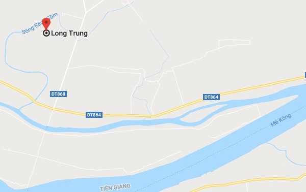 Xã Long Trung (huyện Cai Lậy, Tiền Giang), nơi hai cha con bị điện giật tử vong. Ảnh: Google Maps.