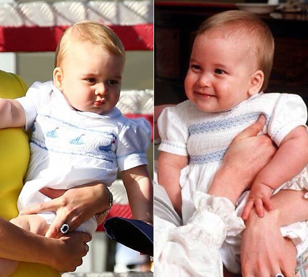 Ngay từ khi còn bé xíu, George (ảnh trái) đã giống bố William (ảnh phải) như đúc, từ mái tóc, đôi mắt đến 2 bầu má phúng phính