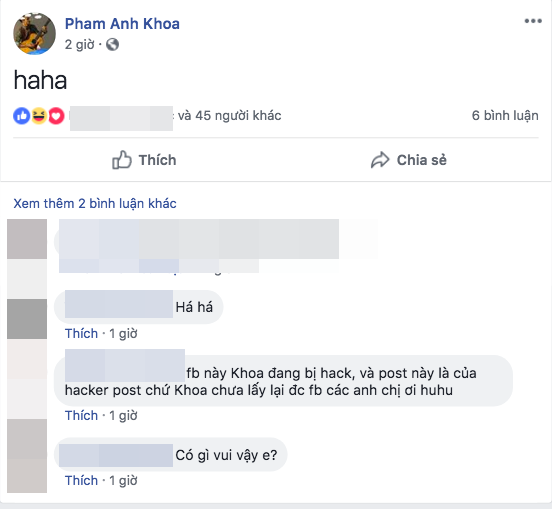 Facebook của Phạm Anh Khoa bất ngờ đăng tải status lạ, vợ của nam rocker lên tiếng cho biết tài khoản này hiện đang bị hack.