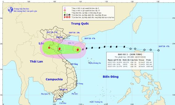 Vị trí và đường đi của cơn bão Sơn Tinh. Ảnh: NCMHF