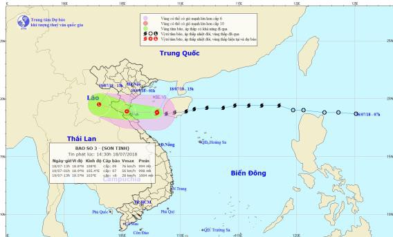 Vị trí đường đi của cơn bão Sơn Tinh. Ảnh: NCHMF