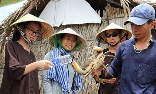Ngọc Hiện (cho&agrave;ng khăn) giới thiệu cua biển tự nhi&ecirc;n với du kh&aacute;ch. Ảnh: Ho&agrave;ng Nam.