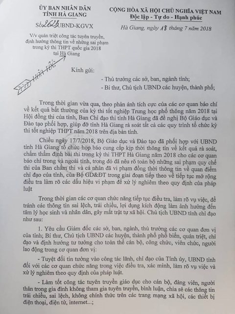 
Văn bản hỏa tốc được Chủ tịch UBND tỉnh Hà Giang vừa được phát đi.
