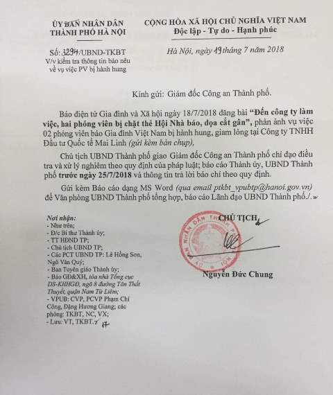 
Công văn của UBND TP Hà Nội gửi đến Báo Gia đình & Xã hội. Ảnh: Nhật Tân
