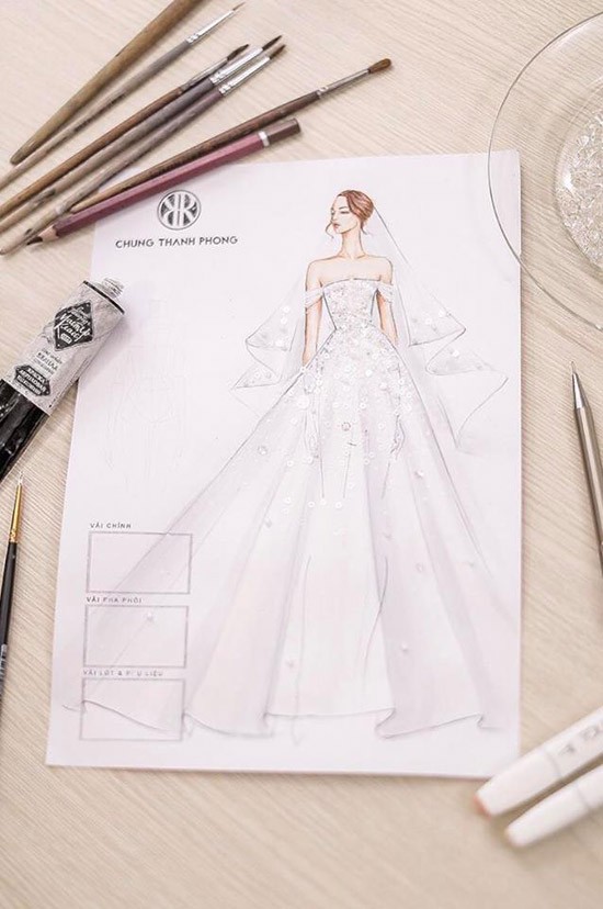 Bản phác thảo mẫu váy cưới của Tú Anh do NTK Chung Thanh Phong thực hiện.
