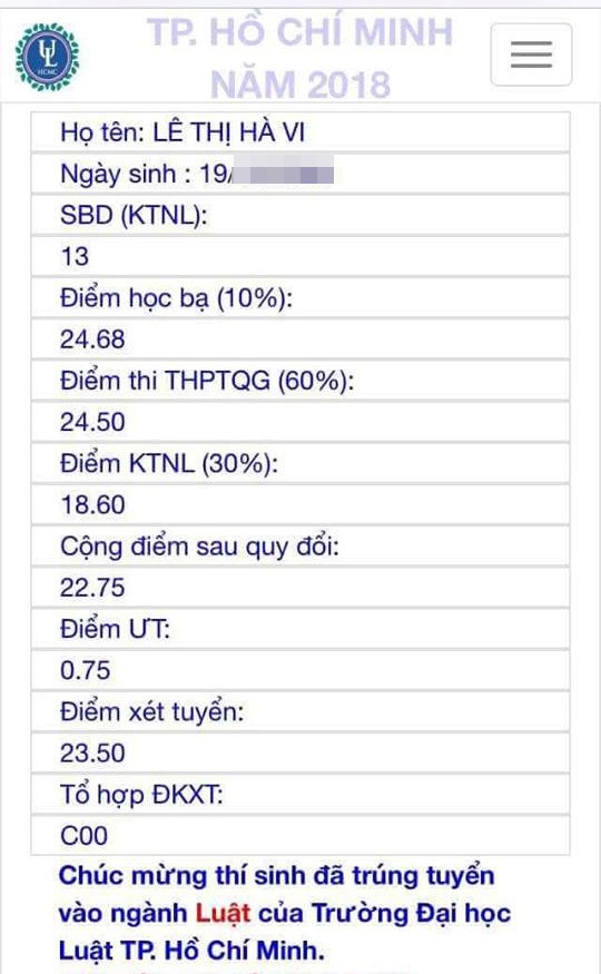 
Hà Vi nhận được thông báo trúng tuyển của ngành Luật của ĐH Luật TP.HCM.
