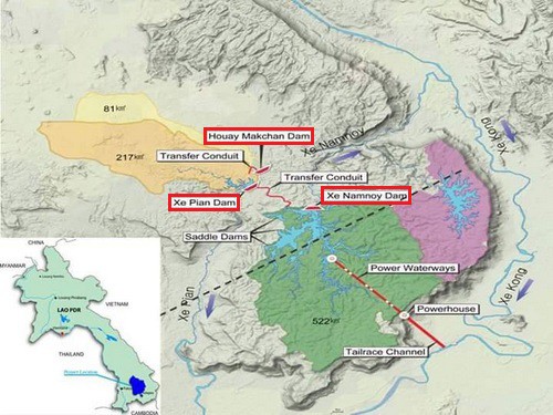 Vị tr&iacute; ba con đập ch&iacute;nh (khoanh đỏ) của thủy điện Xe Pian-Xe Namnoy. Đồ họa: PNPC.