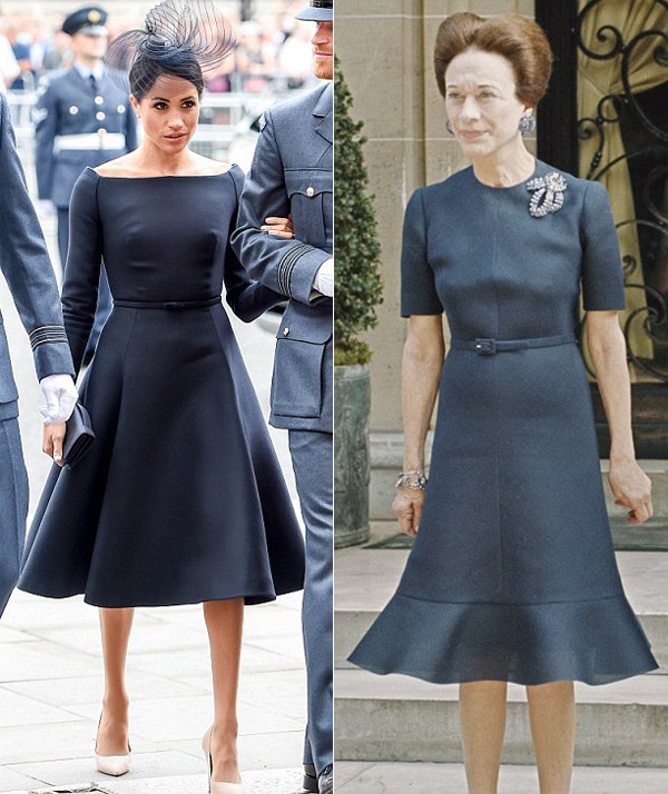 
Meghan (trái) và bà Wallis (phải) có sự tương đồng về vóc dáng và style thời trang. Ảnh: UK Press.
