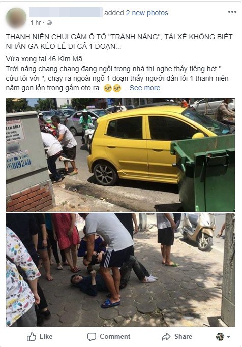Thông tin trên mạng xã hội cho rằng nam thanh niên ngủ dưới gầm ô tô tránh nắng bị tài xế kéo lê trên đường (Ảnh: Facebook).