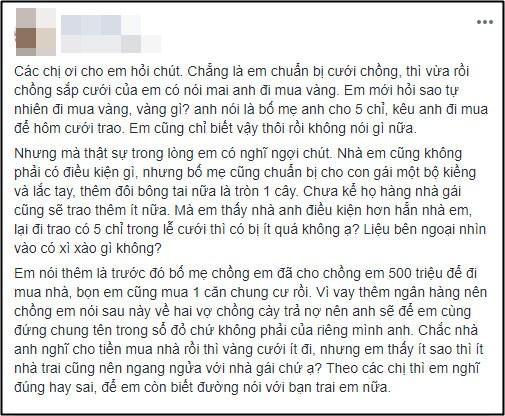 
Nàng dâu than thở vì nhà chồng chỉ trao 5 chỉ vàng trong ngày cưới.
