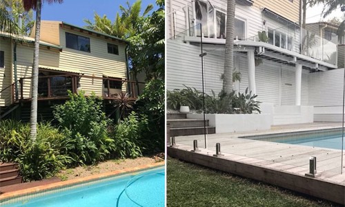Ngôi nhà với bể bơi và sảnh cũ kỹ trước khi cải tạo (trái) và sau cải tạo (phải).