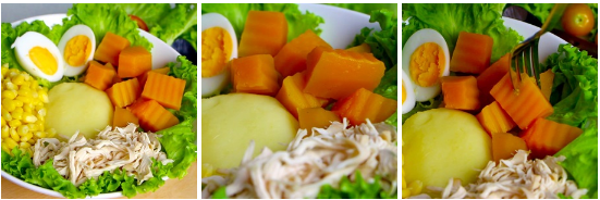 
Đĩa salad hội tụ đủ các loại rau củ quả tươi sống, tinh bột và chất đạm, có thể dùng làm món ăn chính mà không sợ thiếu chất. Thành phần còn có bí đỏ, một loại quả có chứa nhiều chất axit glutamine, rất cần thiết cho hoạt động não bộ.
