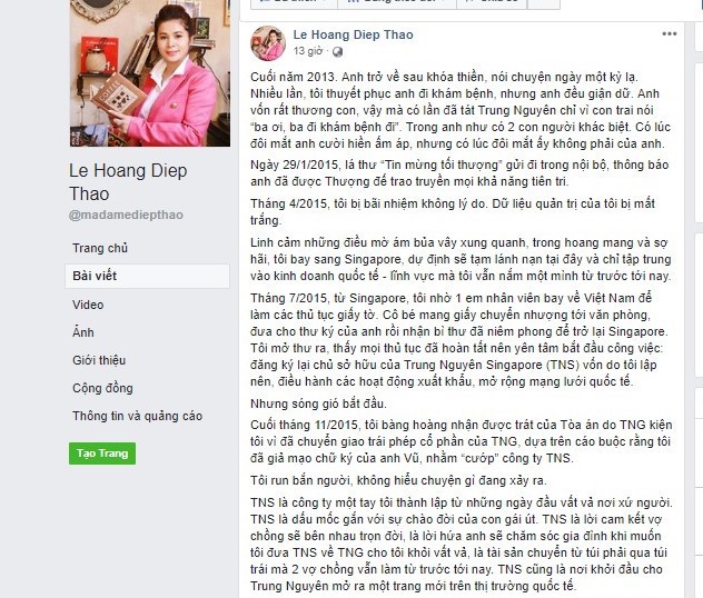 
Dòng chia sẻ trên trang Facebook được cho của bà Lê Hoàng Diệp Thảo. Ảnh chụp màn hình
