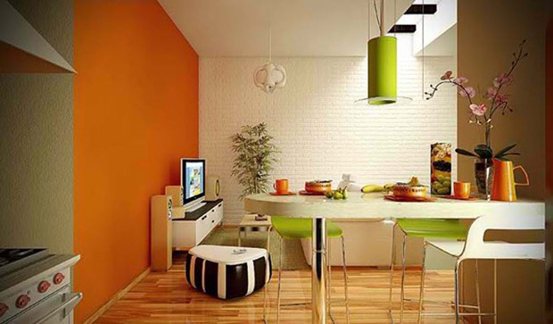 Màu cam mùa thu cổ điển làm cho phòng ăn hiện lên sống động, tràn đầy năng lượng từ cảm giác ăn uống.