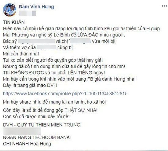 Đàm Vĩnh Hưng thông báo việc mình bị mạo danh trên trang cá nhân.