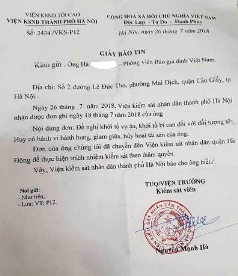 Viện KSND TP. Hà Nội thông tin về việc đã chuyển đơn đề nghị khởi tố vụ án, khởi tố bị can đến Viện KSND quận Hà Đông.