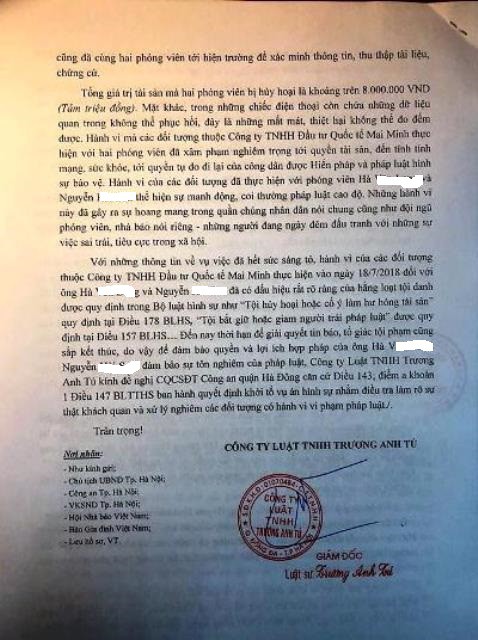 Công ty Luật TNHH Trương Anh Tú đã gửi đơn kiến nghị khởi tố vụ án hình sự vụ việc 2 phóng viên Báo Gia đình Việt Nam hành hung, đe dọa, hủy hoại tài sản...