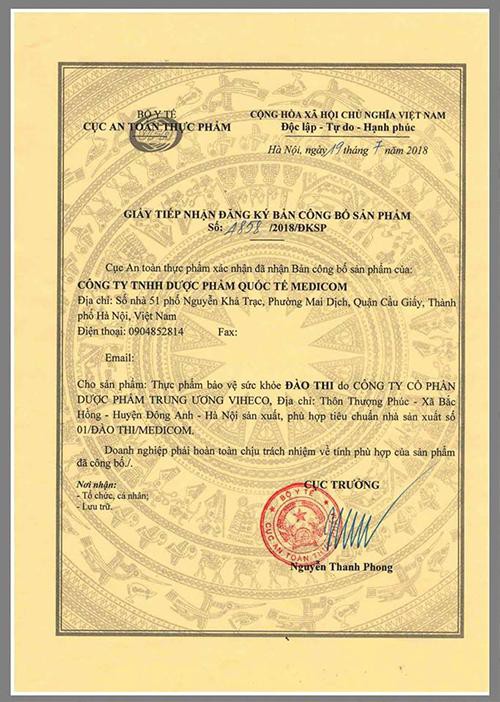 
Bộ y tế cấp giấy chứng nhận cho sản phẩm Đào Thi
