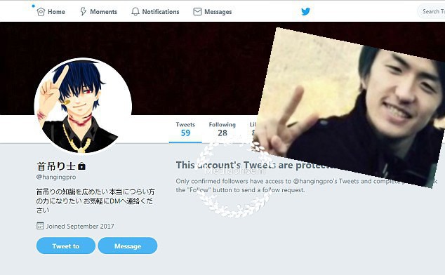 Ảnh chụp màn hình trang Twitter của Takahiro Shiraishi kèm mô tả khoe khoang sự chuyên nghiệp trong việc treo cổ.