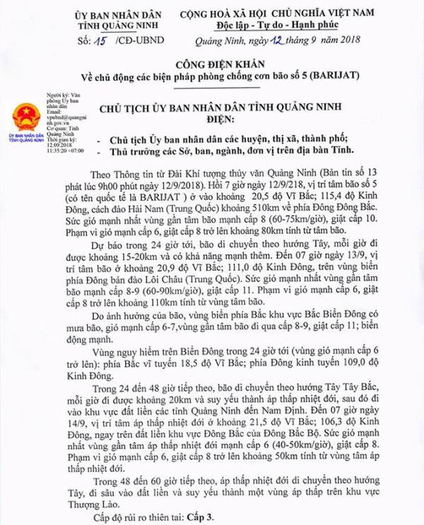 
Công điện khẩn của tỉnh Quảng Ninh về chủ động ứng phó cơn bão số 5. Ảnh: TL
