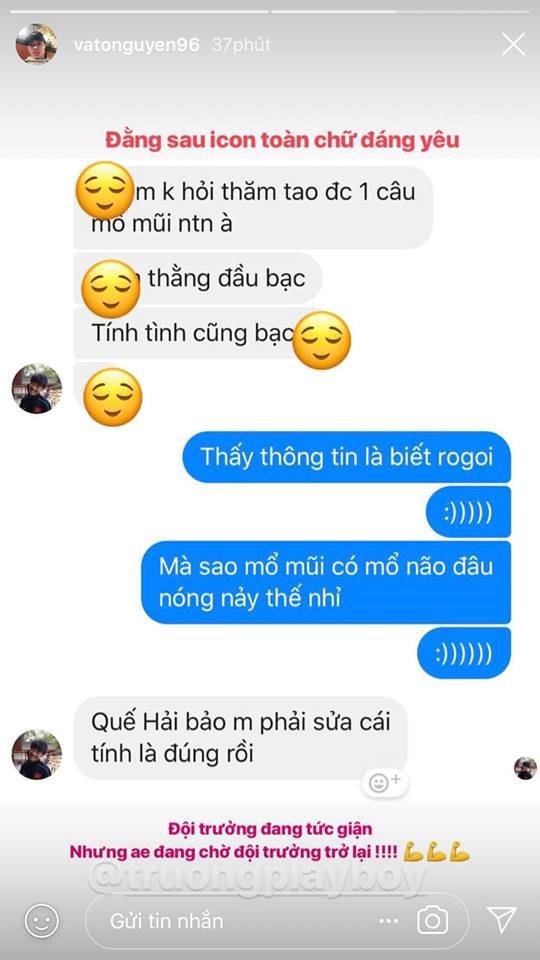 Đoạn nói chuyện giữa 2 chàng cầu thủ được Văn Toàn đăng tải trên story Instagram nhanh chóng thu hút cư dân mạng. Ảnh chụp màn hình.