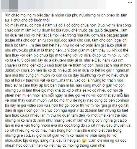 Tâm sự của người chồng nhận được sự quan tâm trên mạng xã hội. Ảnh chụp màn hình