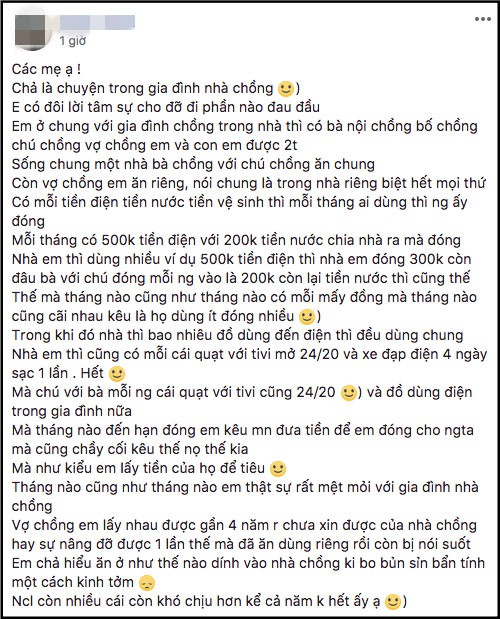 Nàng dâu cảm thấy bà và chú chồng quá chày bửa khi không tự giác đóng tiền điện.