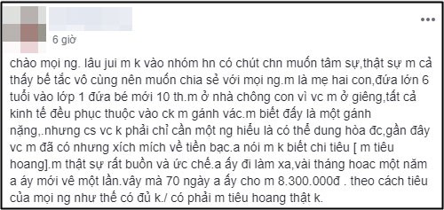 Chồng chê vợ tiêu hoang khi hết 8 triệu 300 nghìn trong 70 ngày khiến vợ khóc dở mếu dở.