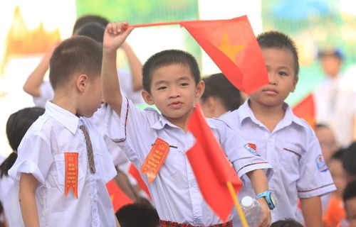 Học sinh trường Tiểu học Chu Văn An (quận Hoàng Mai) trong lễ khai giảng ngày 5/9. Ảnh: Gia Chính.