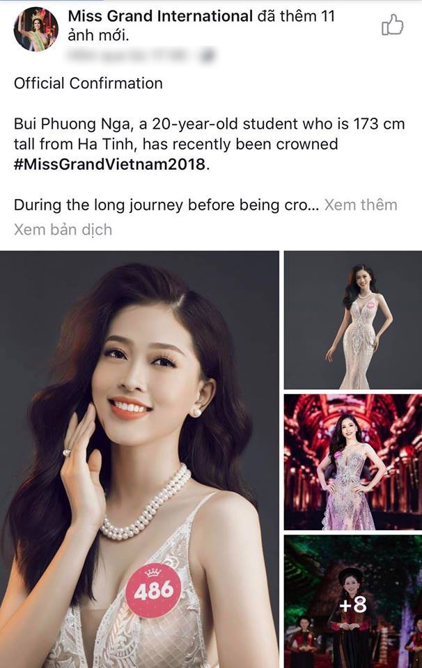 Thông tin và hình ảnh của Phương Nga được đăng tải trên fanpage chính thức của Miss Grand International 2018.